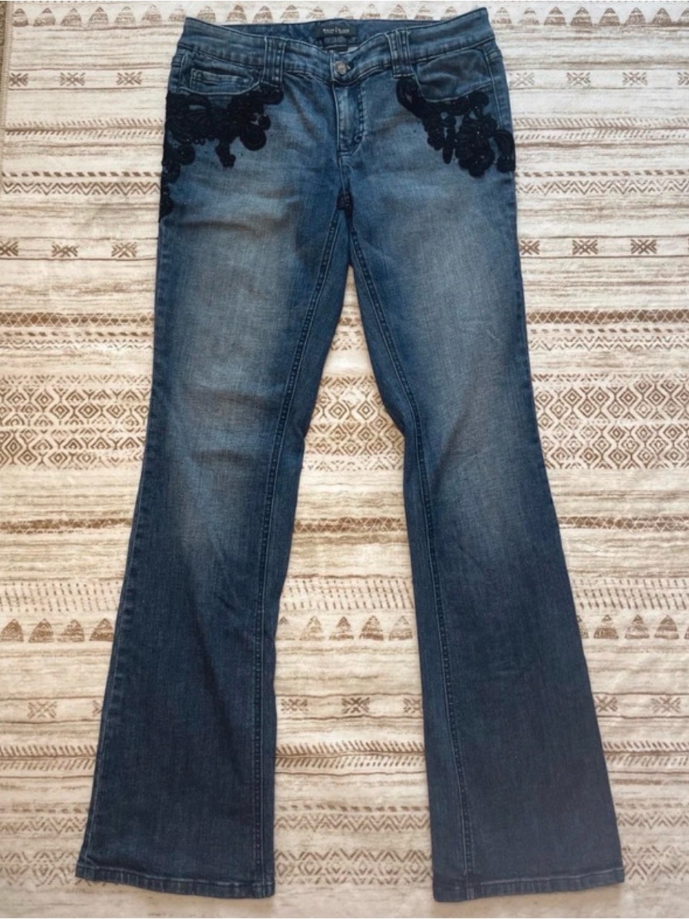 White House Black Market Dark Blue Flare Jeans with Black Lace Applique